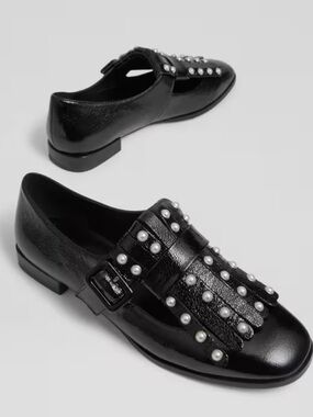 LK Bennett Black Pearl-Embellished Kiltie Loafers Side Buckle